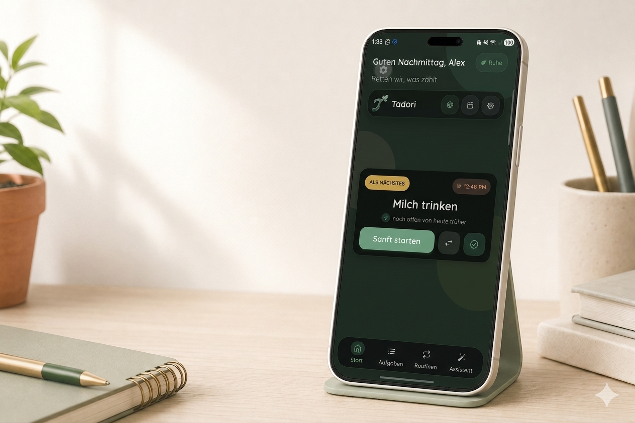 Tadori app shown on a phone with task, routine, and assistant cards.